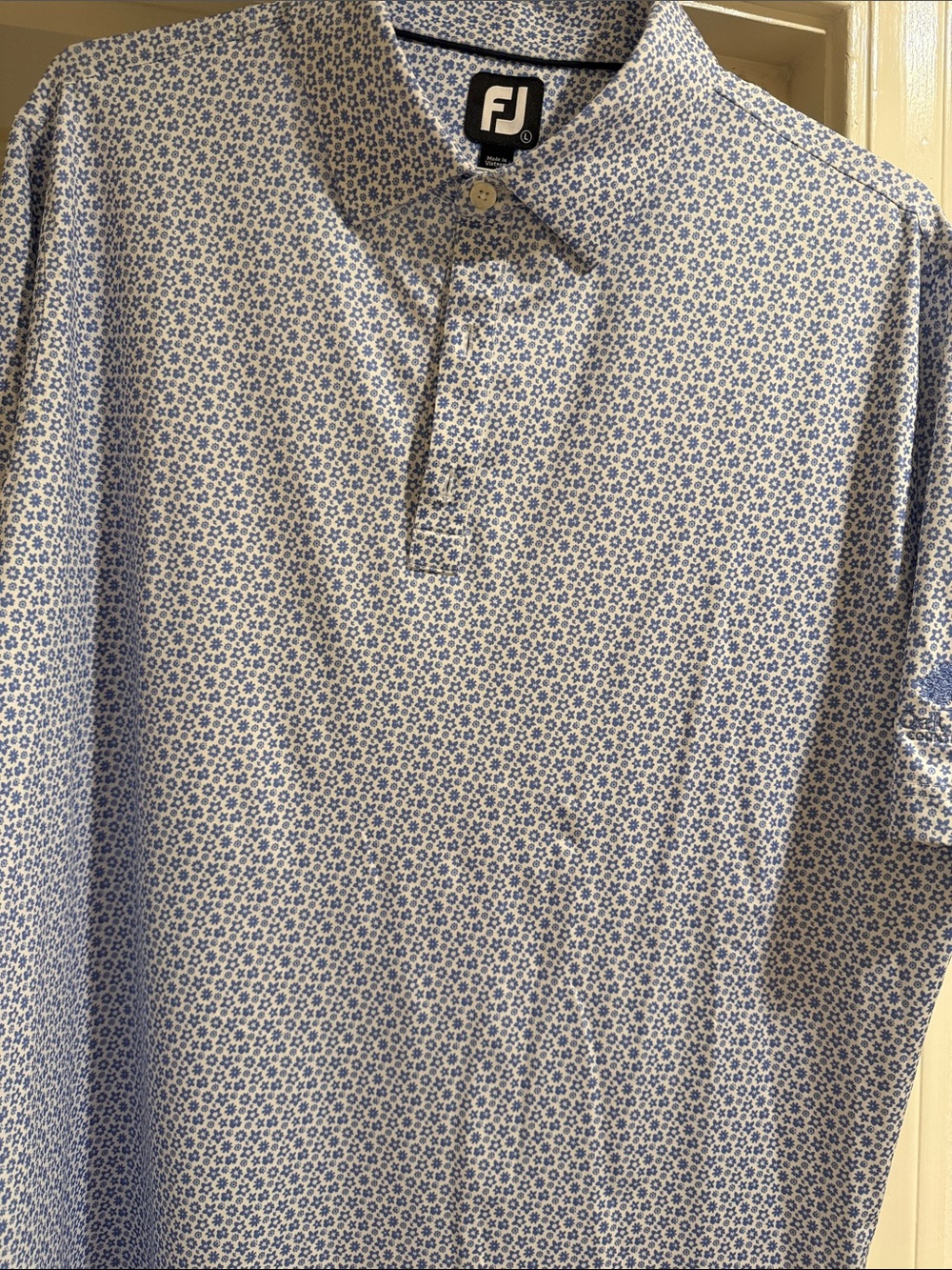 FootJoy White Polo with Blue Micro Floral Pattern